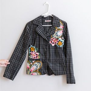 Johnny Was Embroidered Plaid Blazer Small